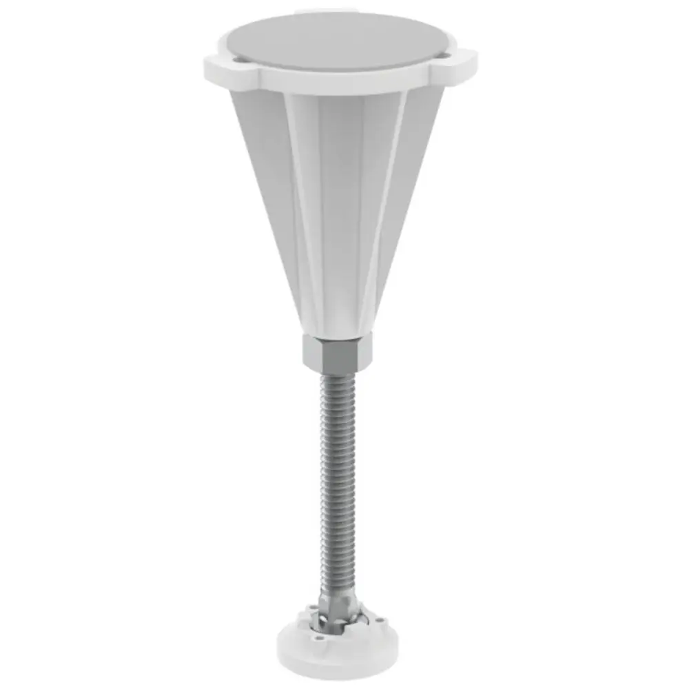 Weißer Brausewannenfuß von Ideal Standard, konisch geformt mit einem runden oberen Abschluss und einem verstellbaren Gewindestift zur Bodenmontage.